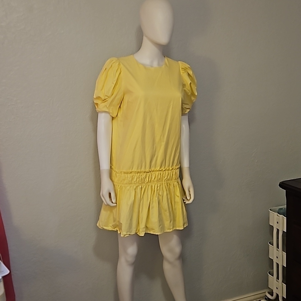 ENGLISH FACTORY Canary Yellow Puff Sleeve Ruffled Drop Waist Mini Dress - Picture 2 of 10
